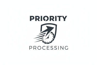priority processing logo color black and white