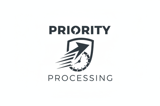 priority processing logo color black and white